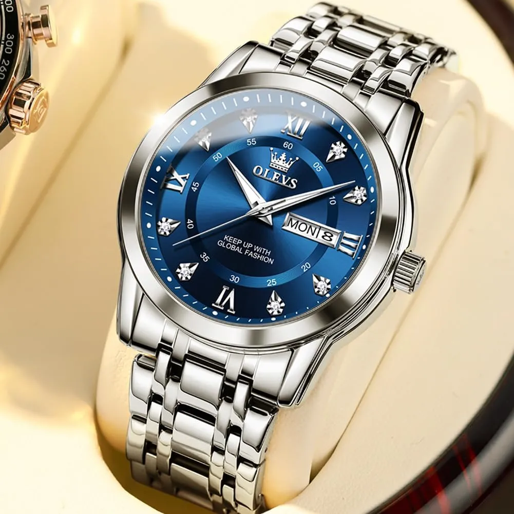 Date Diamond Men Silver Watch OLEVS Watch for Men thrive smelter agrarian living unusual Classic Business Dress Analog Quartz Stainless Steel Waterproof Luminous 