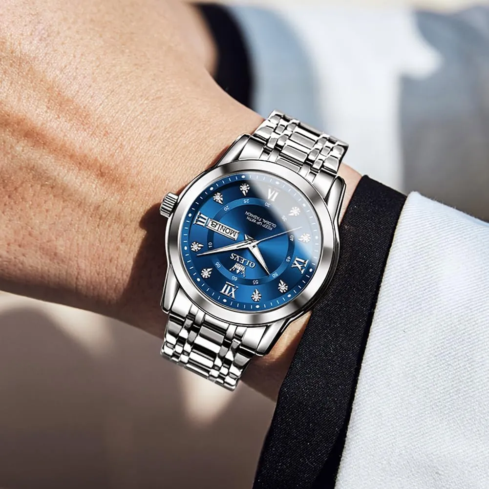 Date Diamond Men Silver Watch OLEVS Watch for Men thrive smelter agrarian living unusual Classic Business Dress Analog Quartz Stainless Steel Waterproof Luminous 