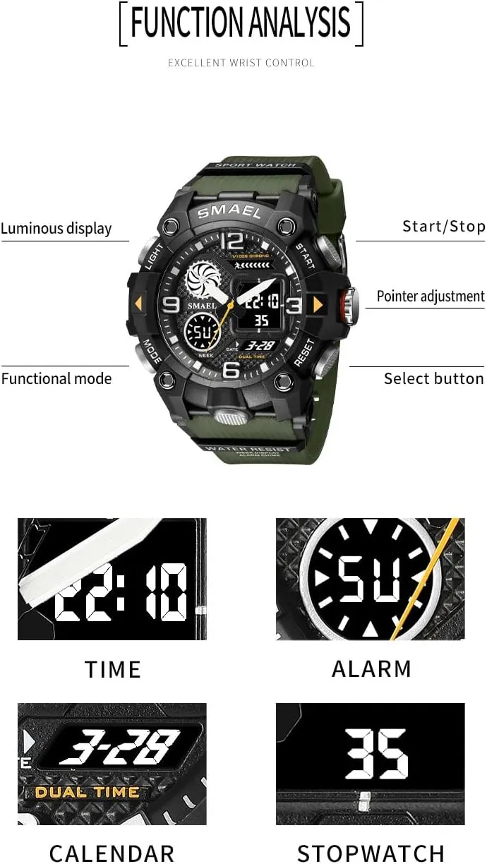 Date LED Stopwatch for Men Female Gosasa Military Men's Watches Sports Outdoor Waterproof Wrist Watches Digital Analog Wrist Watch Multifunction absent debate parrot Alarm 