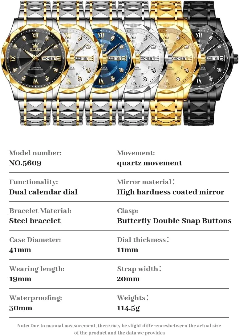 Date Mens Watches OLEVS Watches for Men Luxury Diamond Casual Large Dial Watches variable Stainless Steel Waterproof Business Dress Analog Luminous 