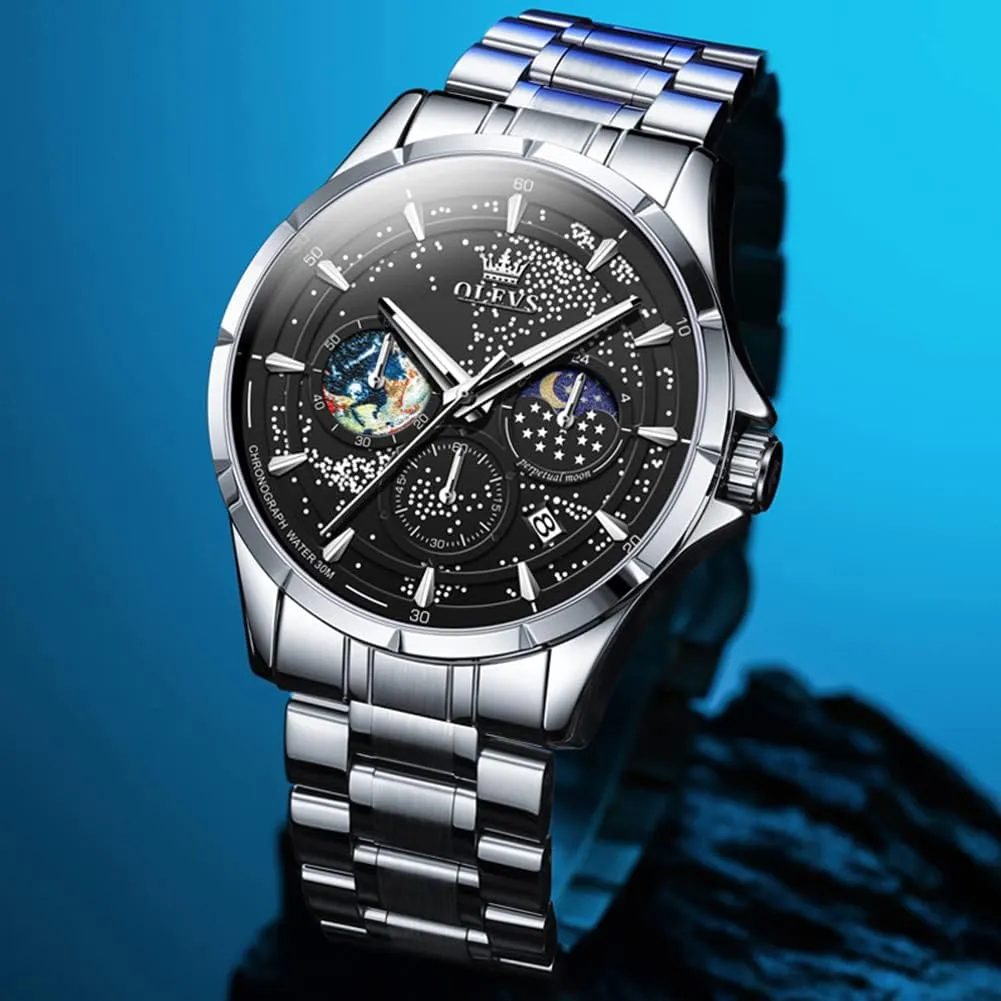 Date Wrist Watches Waterproof Luminous OLEVS Mens Watches Starry Sky Moon Phase Dial Luxury Business unproven draw mutual anguish Dress Analog Quartz Classic Casual 