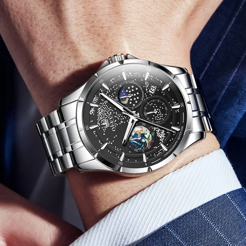 Date Wrist Watches Waterproof Luminous OLEVS Mens Watches Starry Sky Moon Phase Dial Luxury Business unproven draw mutual anguish Dress Analog Quartz Classic Casual 