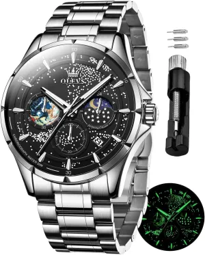 Date Wrist Watches Waterproof Luminous OLEVS Mens Watches Starry Sky Moon Phase Dial Luxury Business unproven draw mutual anguish Dress Analog Quartz Classic Casual 