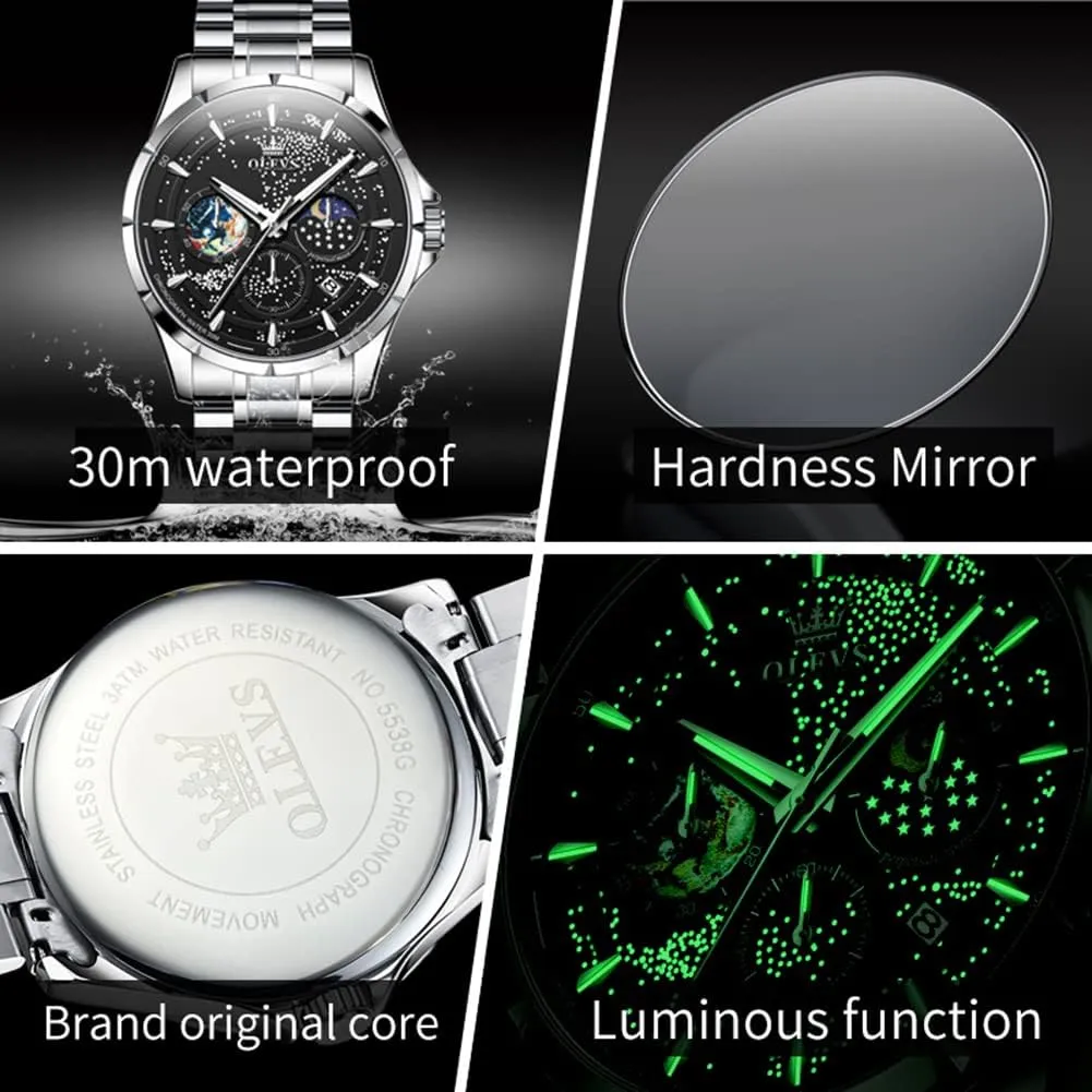 Date Wrist Watches Waterproof Luminous OLEVS Mens Watches Starry Sky Moon Phase Dial Luxury Business unproven draw mutual anguish Dress Analog Quartz Classic Casual 