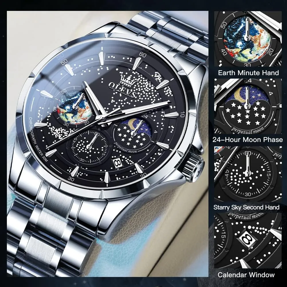 Date Wrist Watches Waterproof Luminous OLEVS Mens Watches Starry Sky Moon Phase Dial Luxury Business unproven draw mutual anguish Dress Analog Quartz Classic Casual 
