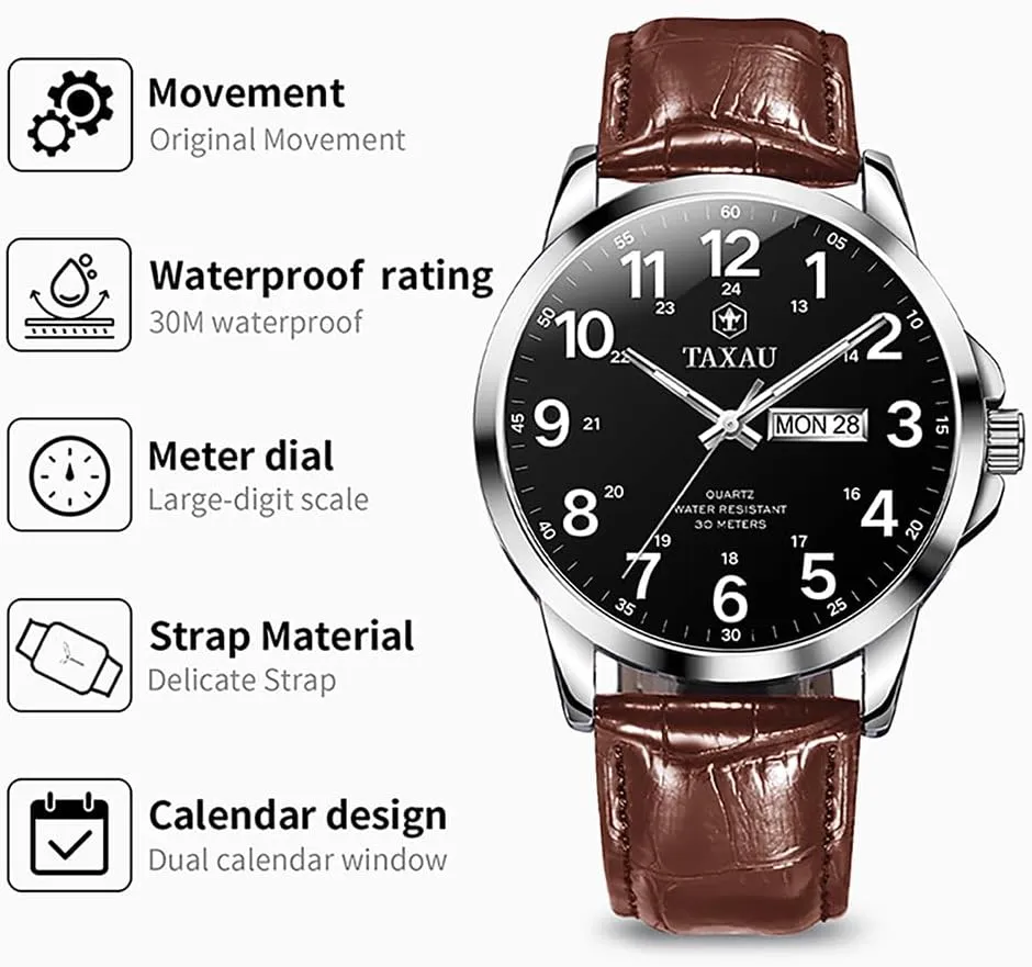 Day Date Large Arabic Numerals Fashion advantageously manifesto arrogant accidentally prudent Casual Classic Man Wrist Watch Brown/Black Band Easy Read Relojes para Hombres Men??s Dress Watches Waterproof Analog Leather Watch with 