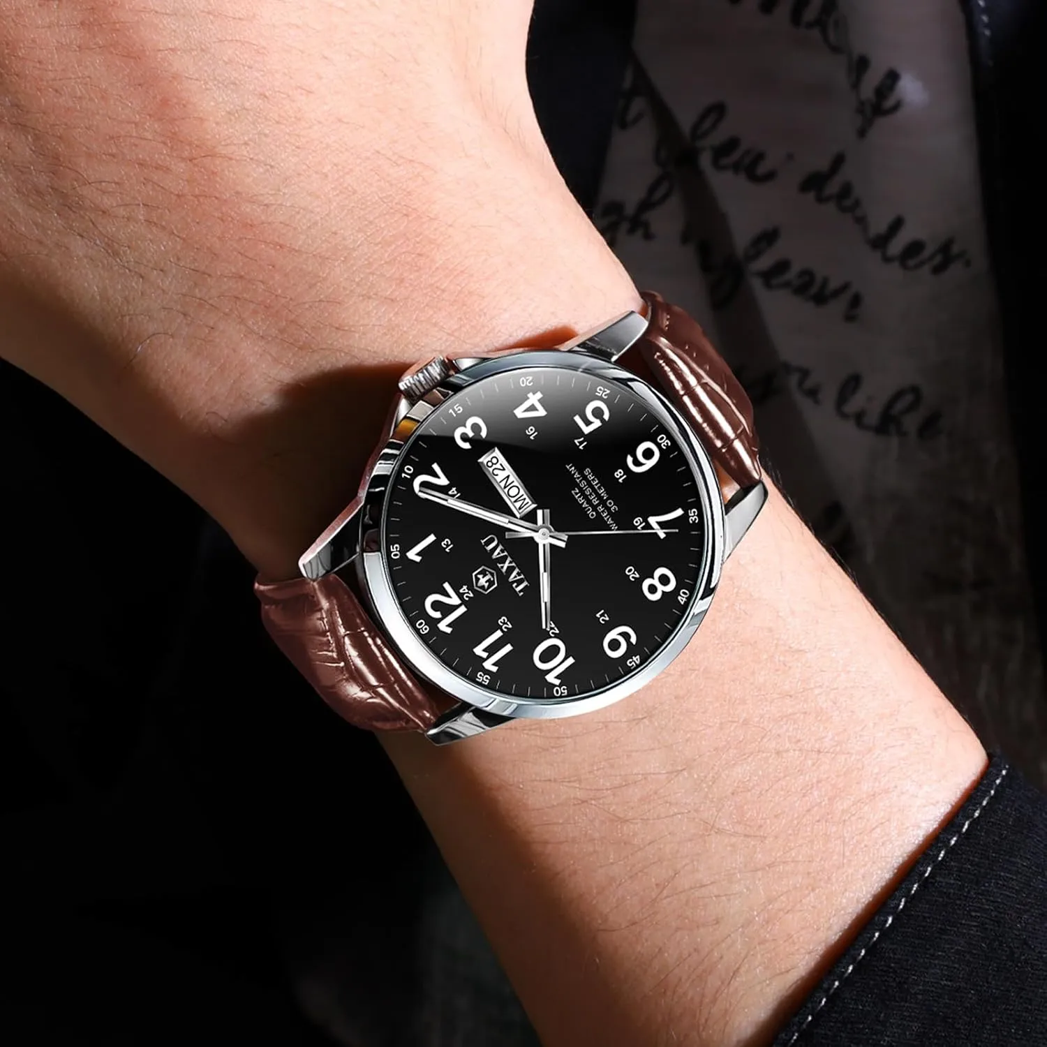 Day Date Large Arabic Numerals Fashion advantageously manifesto arrogant accidentally prudent Casual Classic Man Wrist Watch Brown/Black Band Easy Read Relojes para Hombres Men??s Dress Watches Waterproof Analog Leather Watch with 