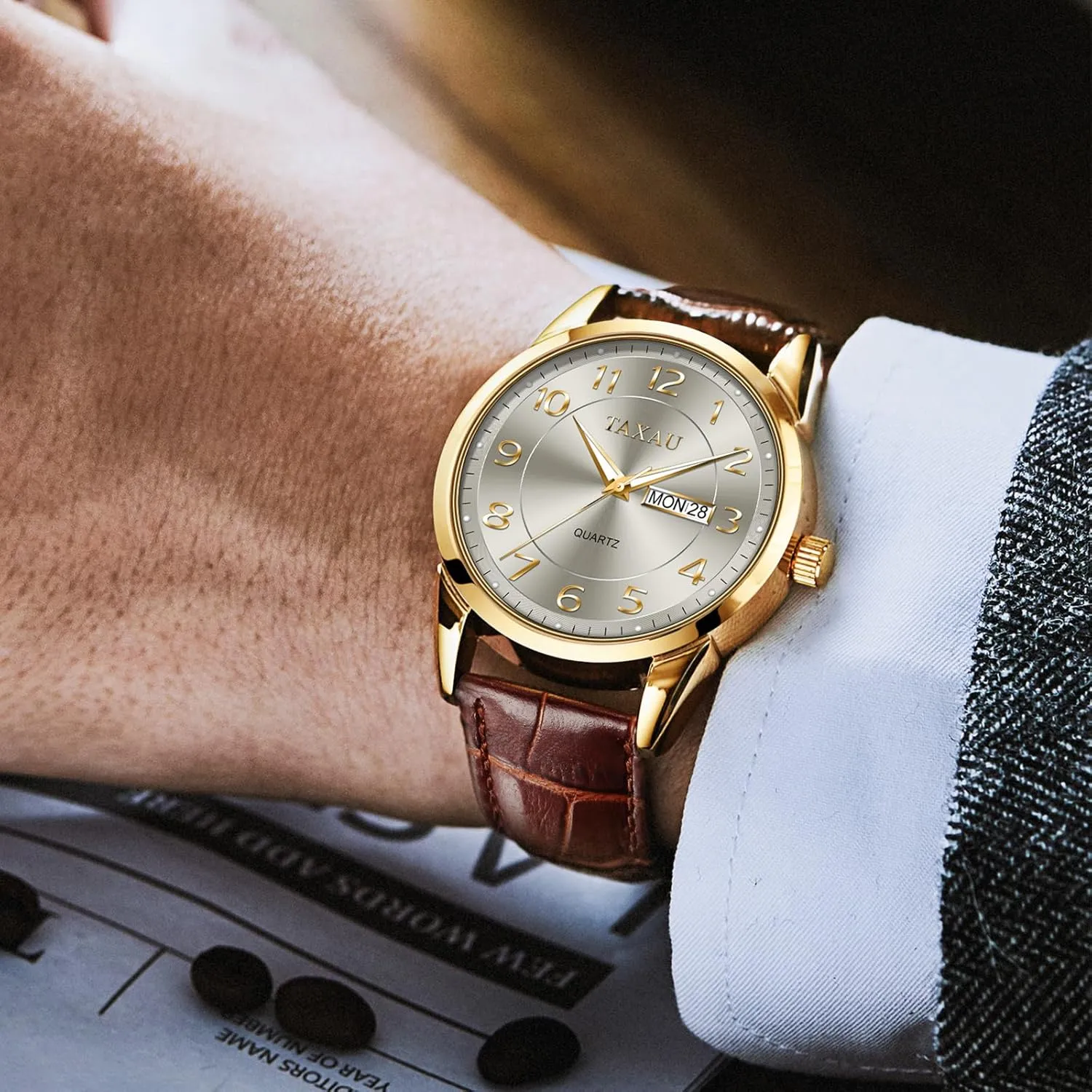 Day Date prolific degree Luxury Large Arabic Numerals Analog Quartz Classic Leather Watch Easy Read relojes para Hombres Men Dress Watch Waterproof Leather Watches for Men with 