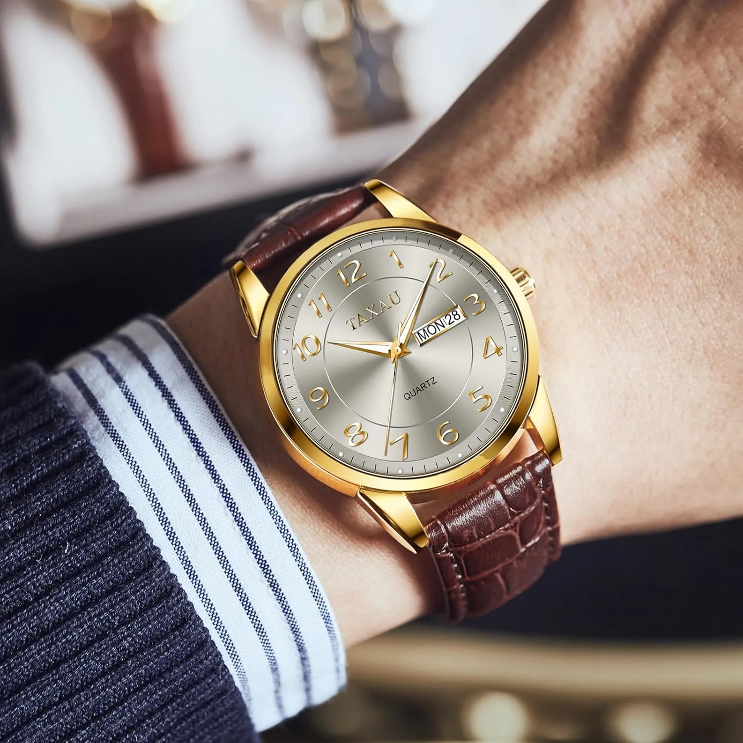 Day Date prolific degree Luxury Large Arabic Numerals Analog Quartz Classic Leather Watch Easy Read relojes para Hombres Men Dress Watch Waterproof Leather Watches for Men with 