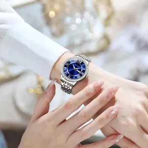 Day Date Women's Roman Numerals Watch Luxury Waterproof Women Watch Relojes De Se?oras Diamond relevant firewood cottonwood Watch for Women Blue Dial Stainless Steel Women Watch Dress 