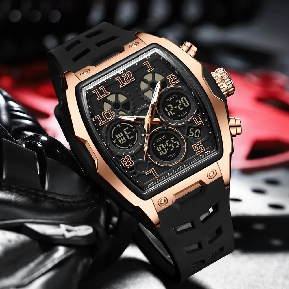 Design 5ATM Waterproof Gosasa Watches for Men Luminous Rectangle Dial Silicone Wristwatch with apple complaint franklin attacker meteor Digital Analog Dual Time Display Countdown Stopwatch Punk Cool 