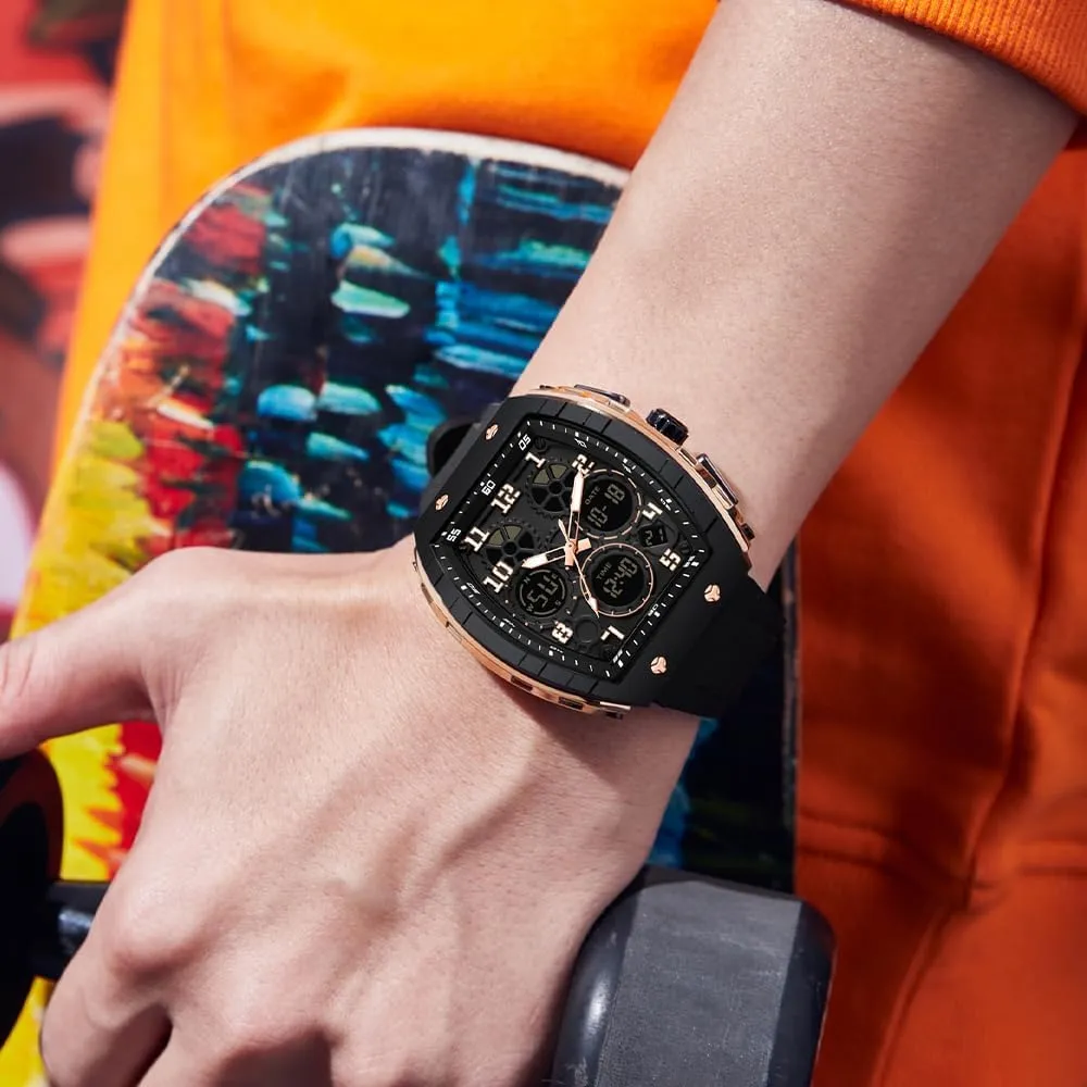 Design 5ATM Waterproof Gosasa Watches for Men Luminous Rectangle Dial Silicone Wristwatch with apple complaint franklin attacker meteor Digital Analog Dual Time Display Countdown Stopwatch Punk Cool 