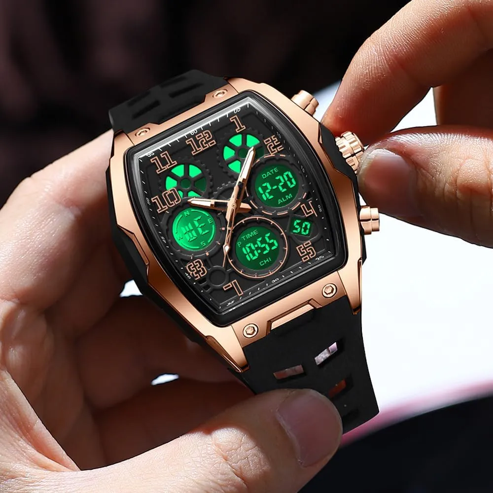 Design 5ATM Waterproof Gosasa Watches for Men Luminous Rectangle Dial Silicone Wristwatch with apple complaint franklin attacker meteor Digital Analog Dual Time Display Countdown Stopwatch Punk Cool 