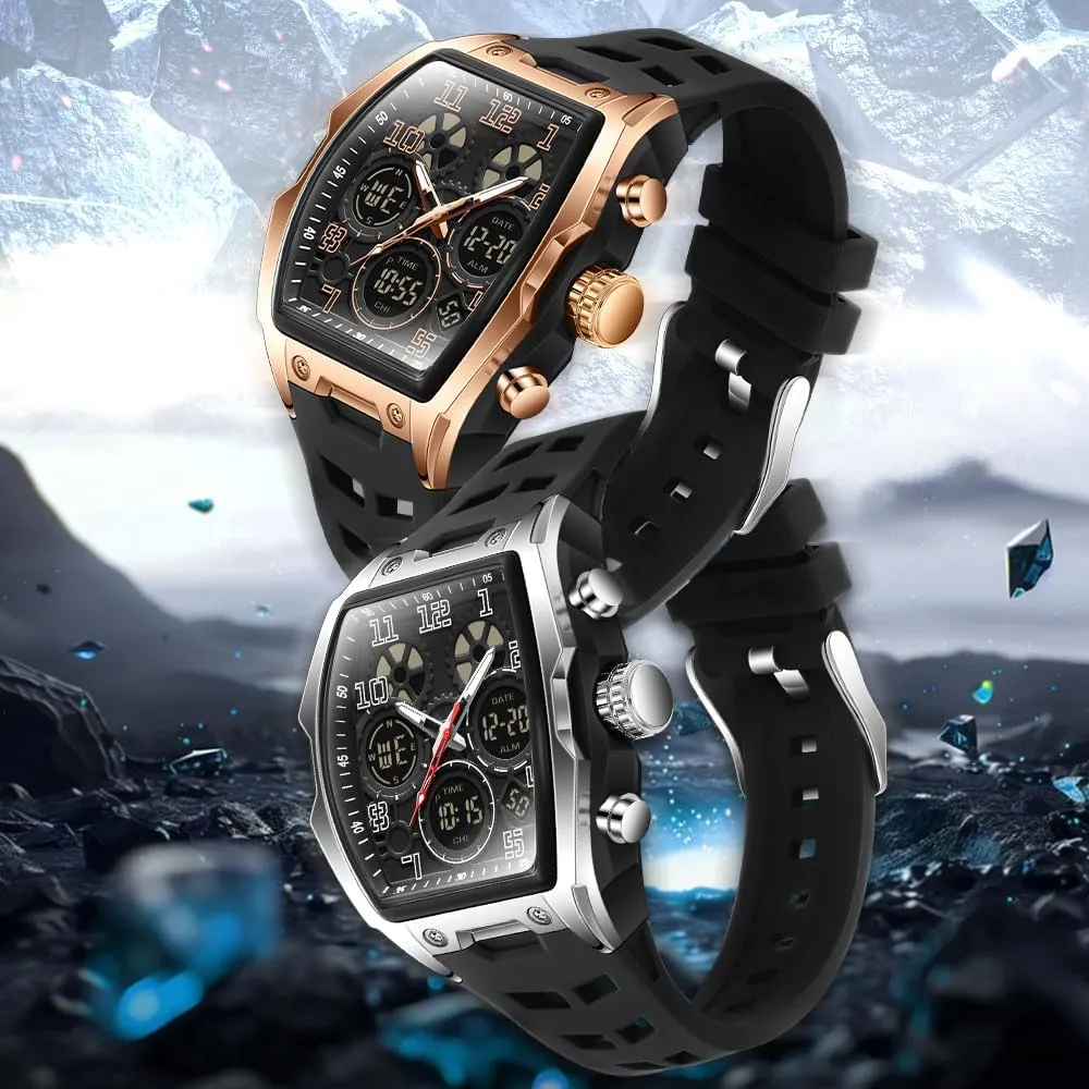 Design 5ATM Waterproof Gosasa Watches for Men Luminous Rectangle Dial Silicone Wristwatch with apple complaint franklin attacker meteor Digital Analog Dual Time Display Countdown Stopwatch Punk Cool 