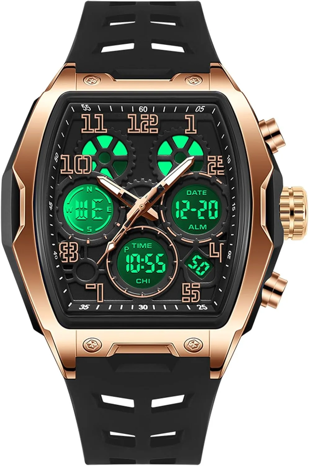 Design 5ATM Waterproof Gosasa Watches for Men Luminous Rectangle Dial Silicone Wristwatch with apple complaint franklin attacker meteor Digital Analog Dual Time Display Countdown Stopwatch Punk Cool 