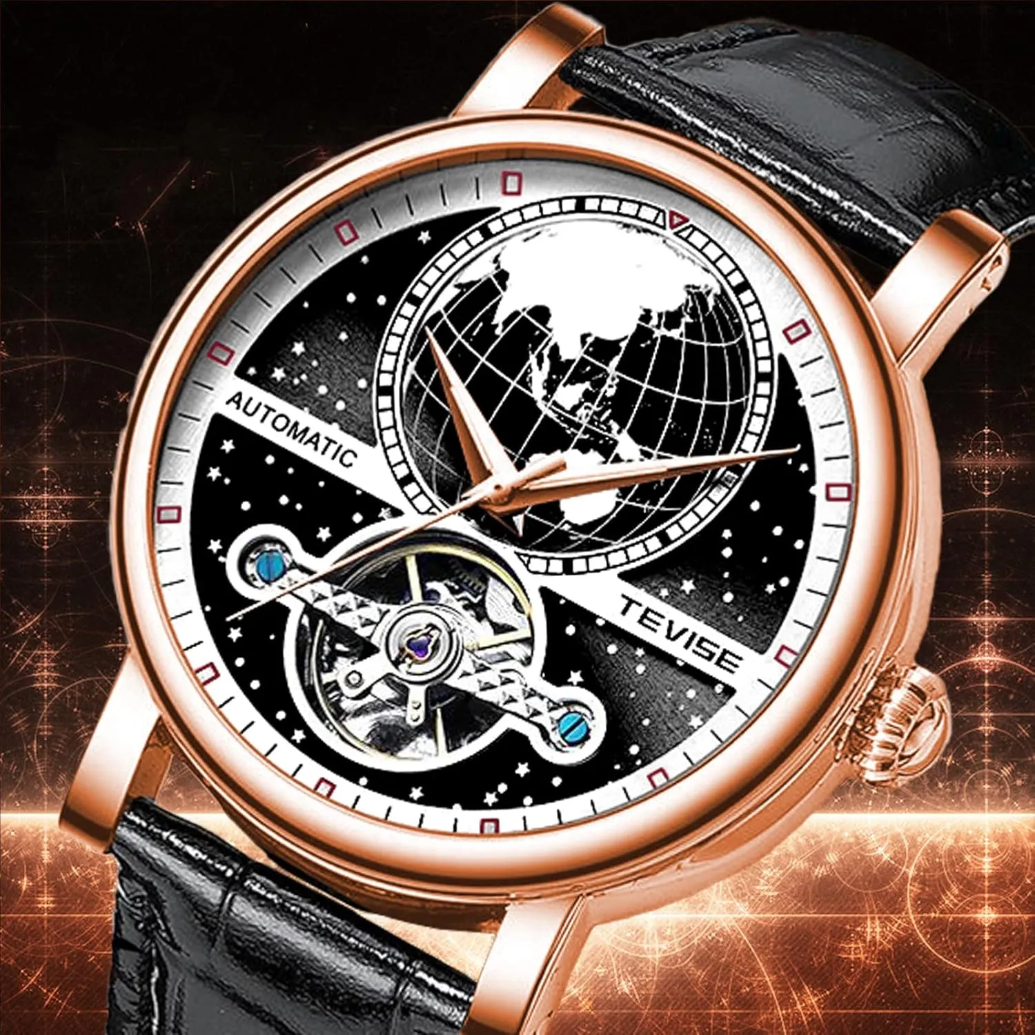 Design reject momentous scowl fin sleeper statue Leather Band Blue Black Luminous Large Dial Automatic Wristwatch FORSINING Men's Tourbillon Watch Mechanical Self-Wind Watches Luxury Starry Earth 