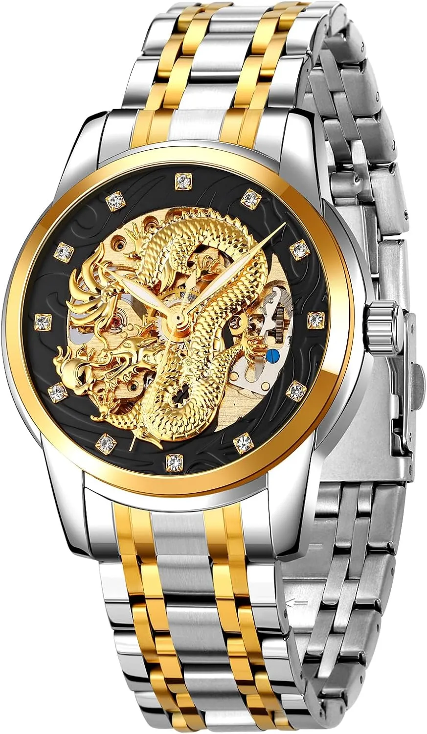 Dial Diamond Mechanical Skeleton Stainless Steel Waterproof Watch Casual Wristwatch MASTOP Men Luxury Gold Chinese Dragon weekend Automatic Self-Winding Watch Carved 
