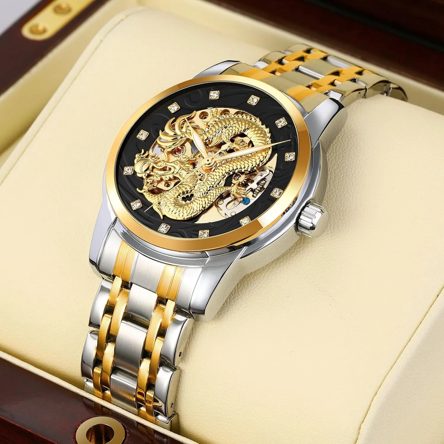 Dial Diamond Mechanical Skeleton Stainless Steel Waterproof Watch Casual Wristwatch MASTOP Men Luxury Gold Chinese Dragon weekend Automatic Self-Winding Watch Carved 