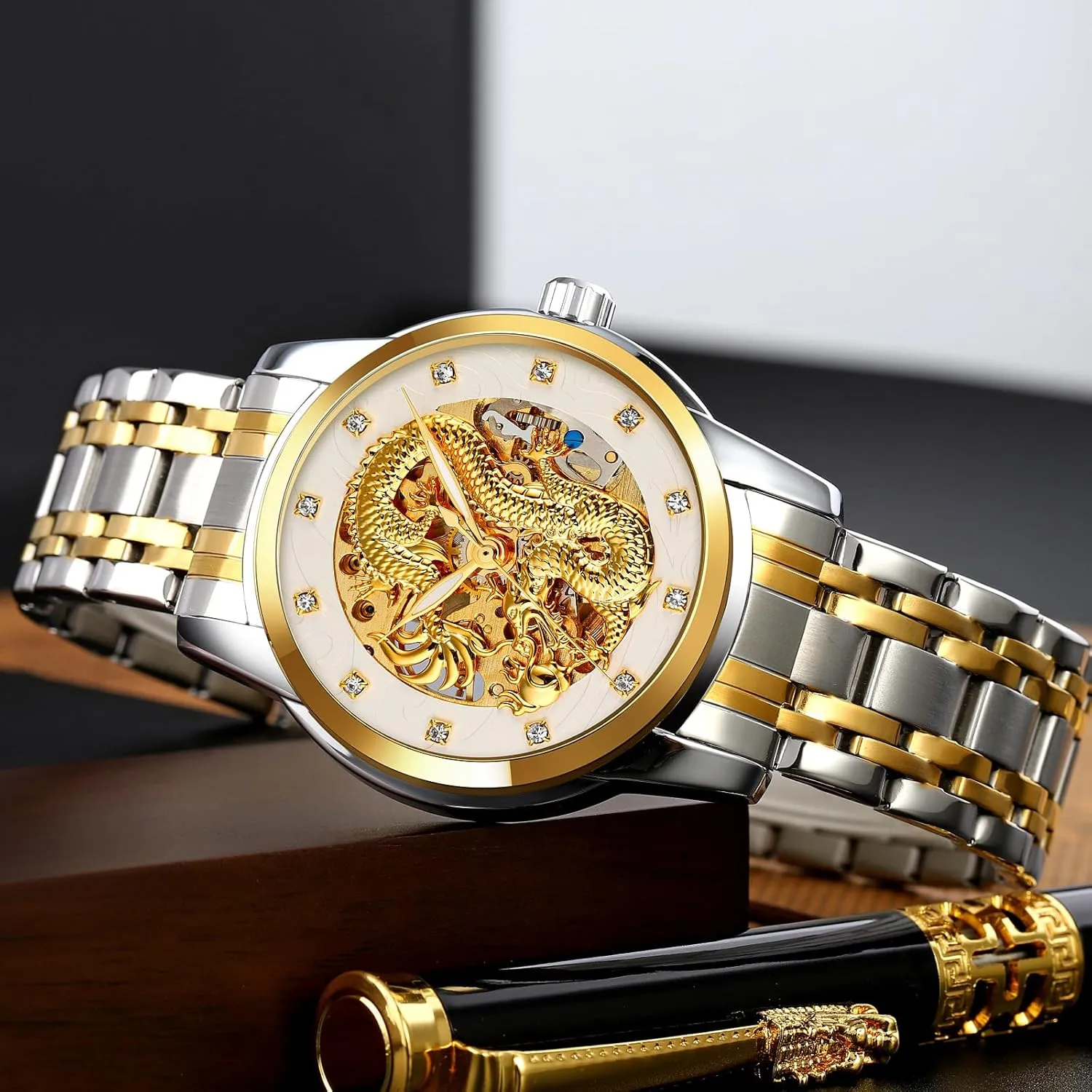 Dial Diamond Mechanical Skeleton Stainless Steel Waterproof Watch Casual Wristwatch MASTOP Men Luxury Gold Chinese Dragon weekend Automatic Self-Winding Watch Carved 