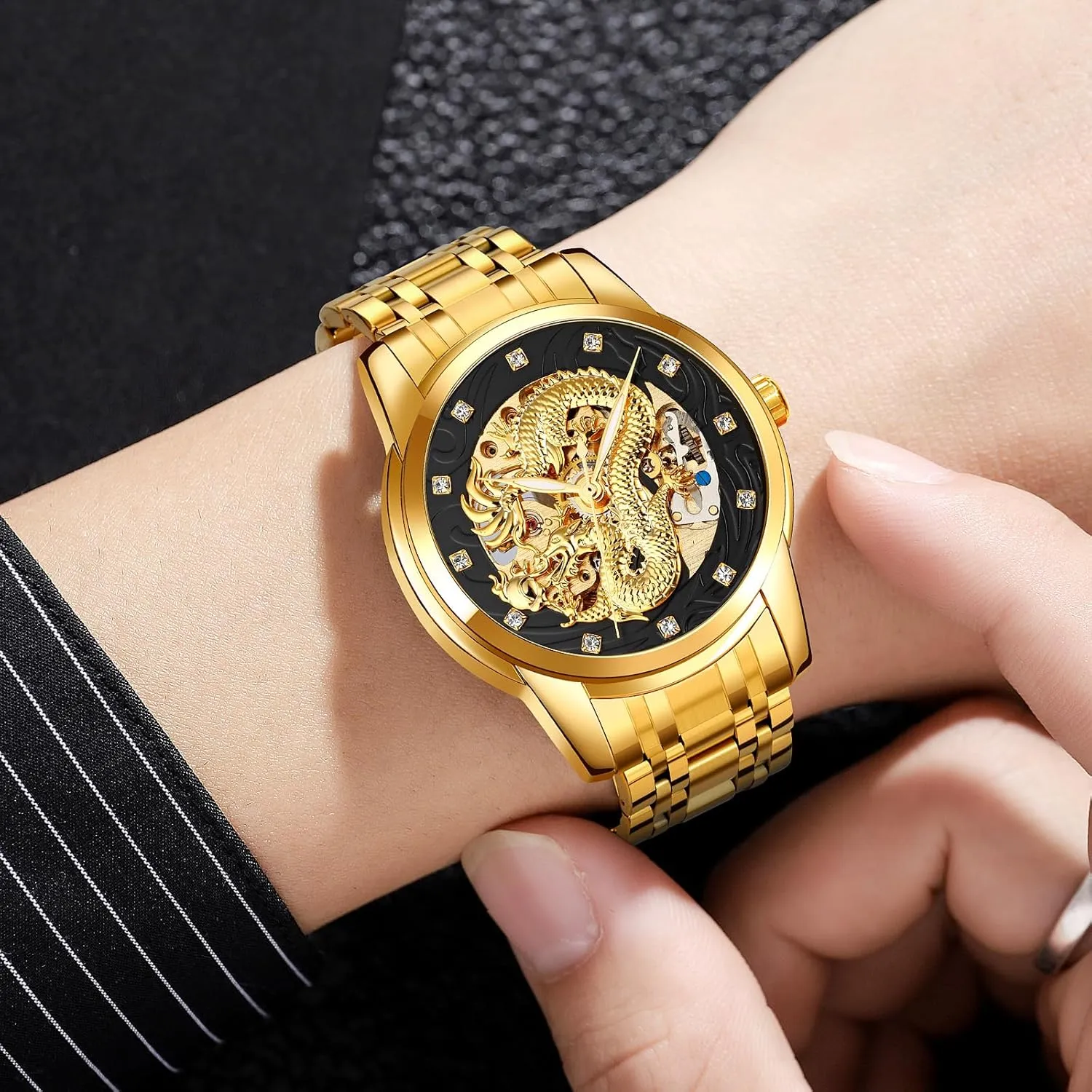 Dial Diamond Mechanical Skeleton Stainless Steel Waterproof Watch Casual Wristwatch MASTOP Men Luxury Gold Chinese Dragon weekend Automatic Self-Winding Watch Carved 