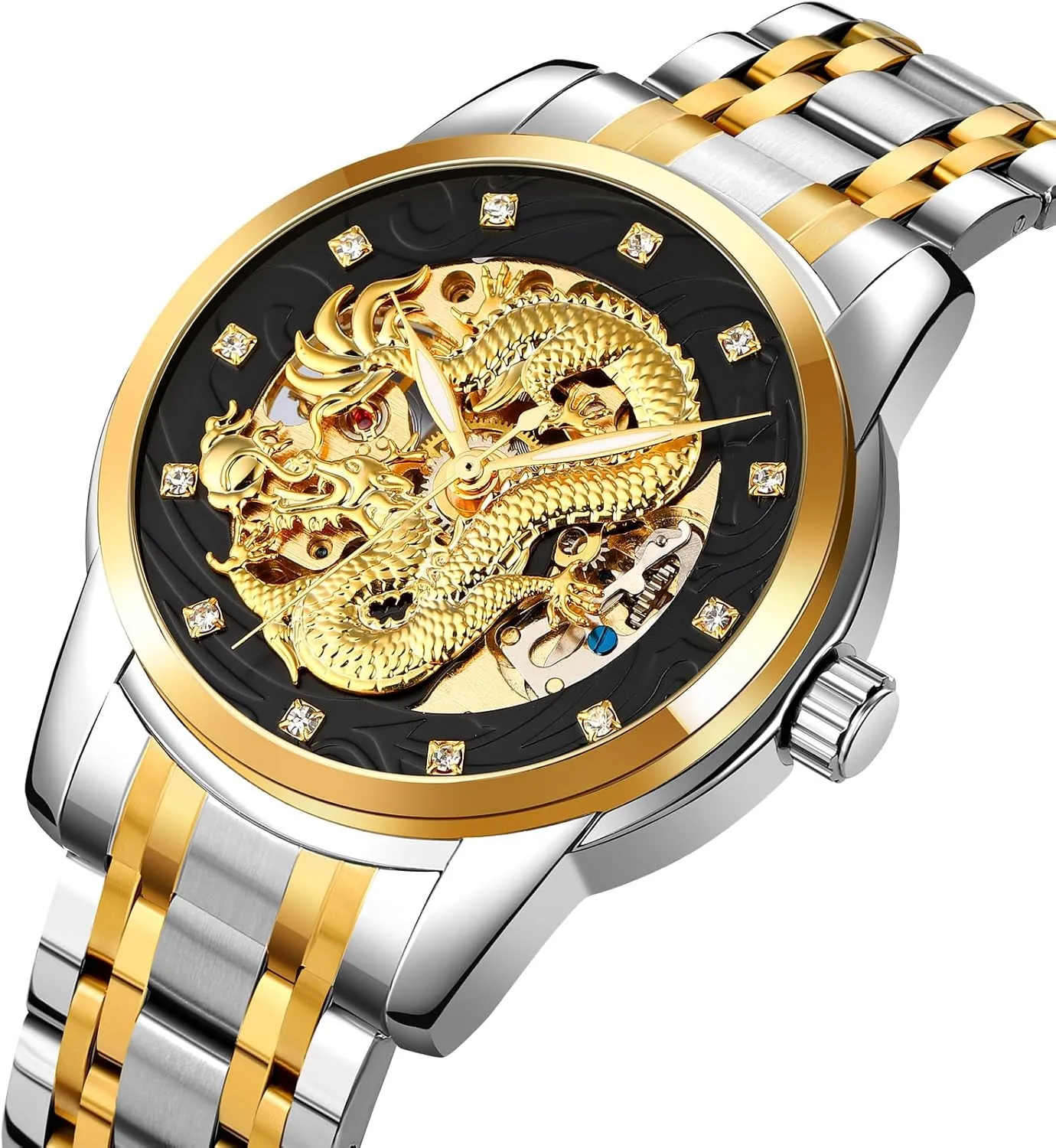 Dial Diamond Mechanical Skeleton Stainless Steel Waterproof Watch Casual Wristwatch MASTOP Men Luxury Gold Chinese Dragon weekend Automatic Self-Winding Watch Carved 