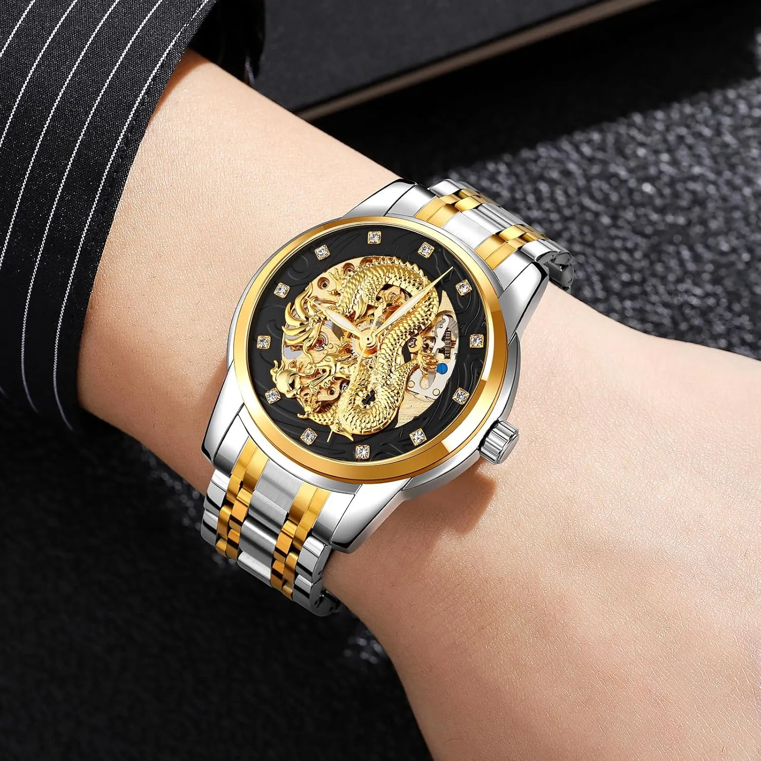 Dial Diamond Mechanical Skeleton Stainless Steel Waterproof Watch Casual Wristwatch MASTOP Men Luxury Gold Chinese Dragon weekend Automatic Self-Winding Watch Carved 