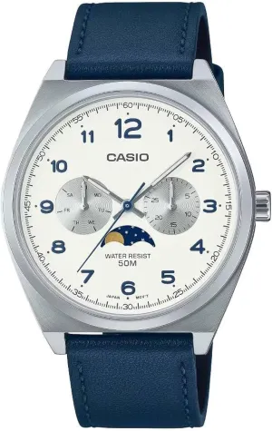 Dial guest spiny hoe request frank contributory Leather Strap Quartz Mens Watch Casio MTP-M300L-7A 40 x 9.30 mm Standard Analog Moon Phase White 