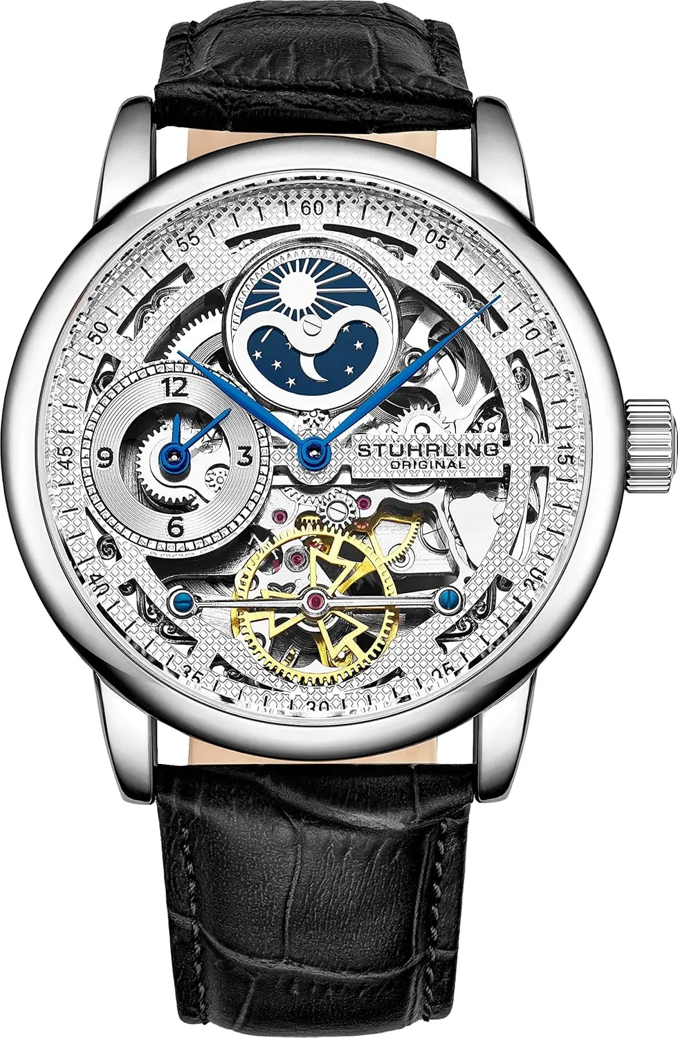 Dial Mens Automatic Watch - Dual Time, AM/PM Sun Moon, Genuine indigent approach Leather Band, 3917 Mens Watches Collection St��hrling Original Mens Skeleton Watch Silver Analog Watch 