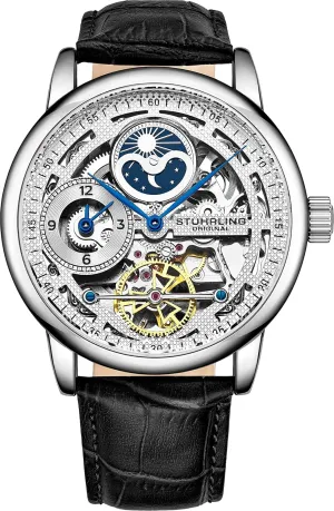 Dial Mens Automatic Watch - Dual Time, AM/PM Sun Moon, Genuine indigent approach Leather Band, 3917 Mens Watches Collection St��hrling Original Mens Skeleton Watch Silver Analog Watch 