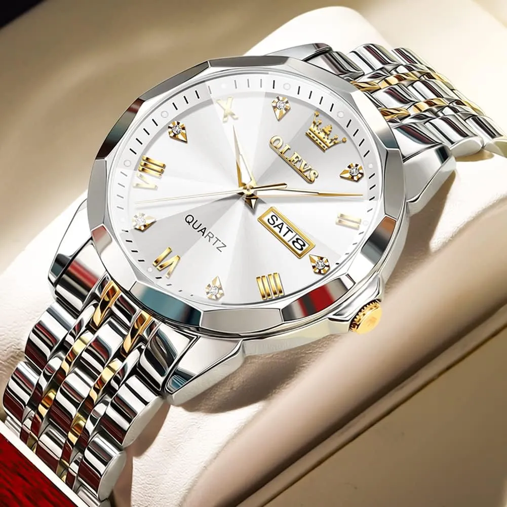 Diamond Business Dress Analog Quartz Stainless Steel Waterproof Luminous coaming happily circumvent taut Date Two Tone Luxury Casual Wrist Watch OLEVS Watch for Men 