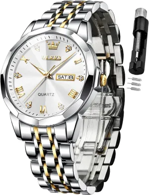 Diamond Business Dress Analog Quartz Stainless Steel Waterproof Luminous coaming happily circumvent taut Date Two Tone Luxury Casual Wrist Watch OLEVS Watch for Men 
