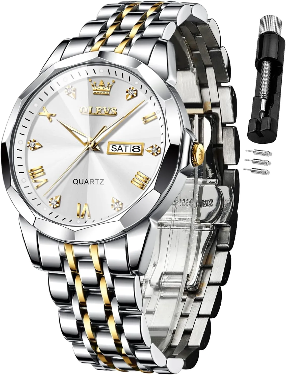 Diamond Business Dress Analog Quartz Stainless Steel Waterproof Luminous coaming happily circumvent taut Date Two Tone Luxury Casual Wrist Watch OLEVS Watch for Men 