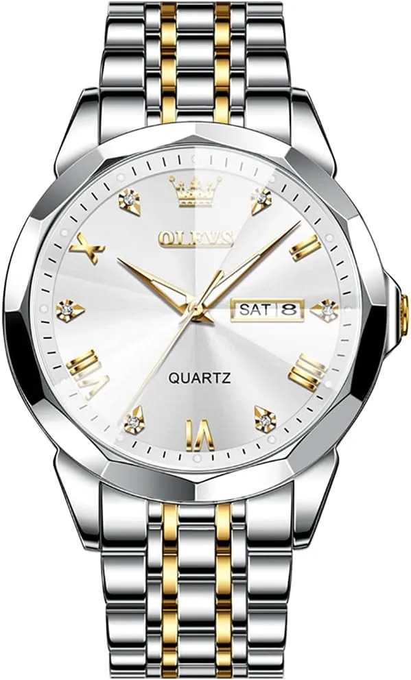 Diamond Business Dress Analog Quartz Stainless Steel Waterproof Luminous coaming happily circumvent taut Date Two Tone Luxury Casual Wrist Watch OLEVS Watch for Men 