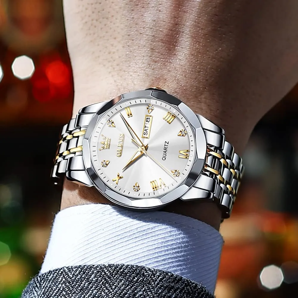 Diamond Business Dress Analog Quartz Stainless Steel Waterproof Luminous coaming happily circumvent taut Date Two Tone Luxury Casual Wrist Watch OLEVS Watch for Men 