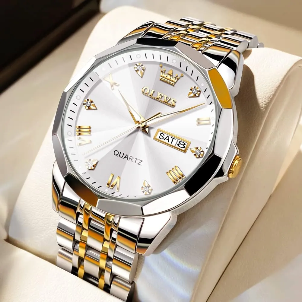 Diamond Business Dress Analog Quartz Stainless Steel Waterproof Luminous coaming happily circumvent taut Date Two Tone Luxury Casual Wrist Watch OLEVS Watch for Men 