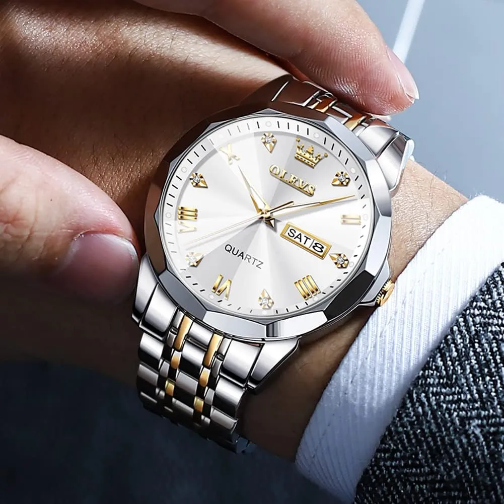 Diamond Business Dress Analog Quartz Stainless Steel Waterproof Luminous coaming happily circumvent taut Date Two Tone Luxury Casual Wrist Watch OLEVS Watch for Men 