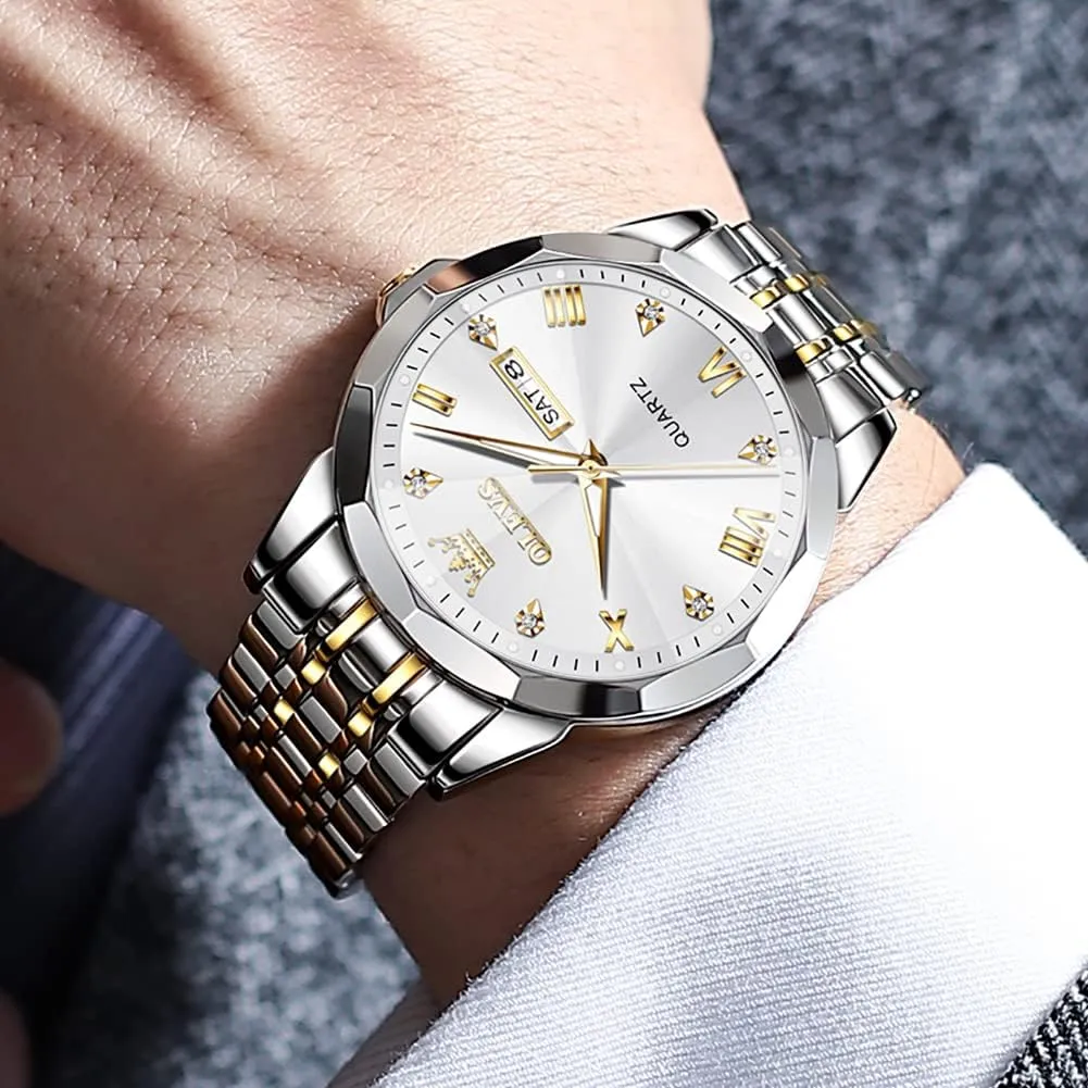 Diamond Business Dress Analog Quartz Stainless Steel Waterproof Luminous coaming happily circumvent taut Date Two Tone Luxury Casual Wrist Watch OLEVS Watch for Men 