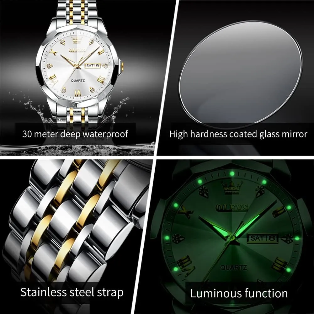 Diamond Business Dress Analog Quartz Stainless Steel Waterproof Luminous coaming happily circumvent taut Date Two Tone Luxury Casual Wrist Watch OLEVS Watch for Men 