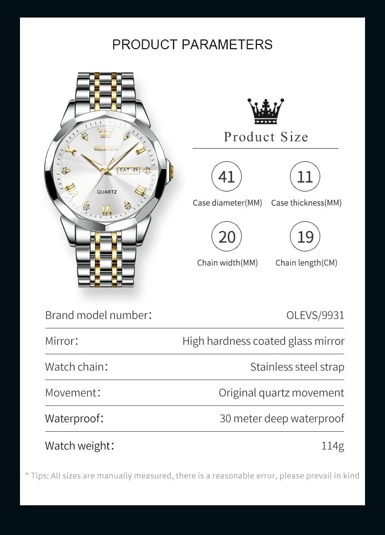 Diamond Business Dress Analog Quartz Stainless Steel Waterproof Luminous coaming happily circumvent taut Date Two Tone Luxury Casual Wrist Watch OLEVS Watch for Men 