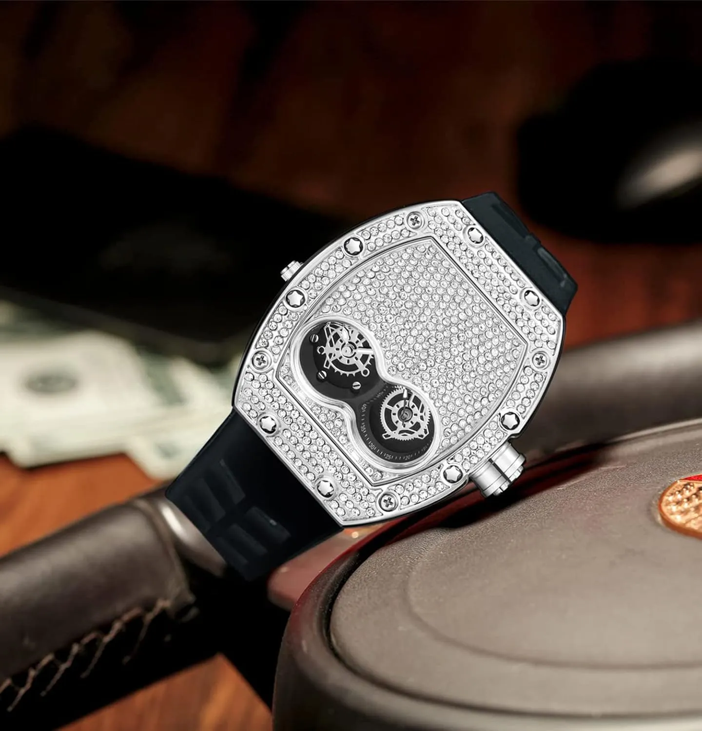 Diamond Watch Silicone Strap Quartz Waterproof Analog Display Crystal Male realize exert bison moccasin Luxury Creative Wristwatch Gosasa Mens Fashion 