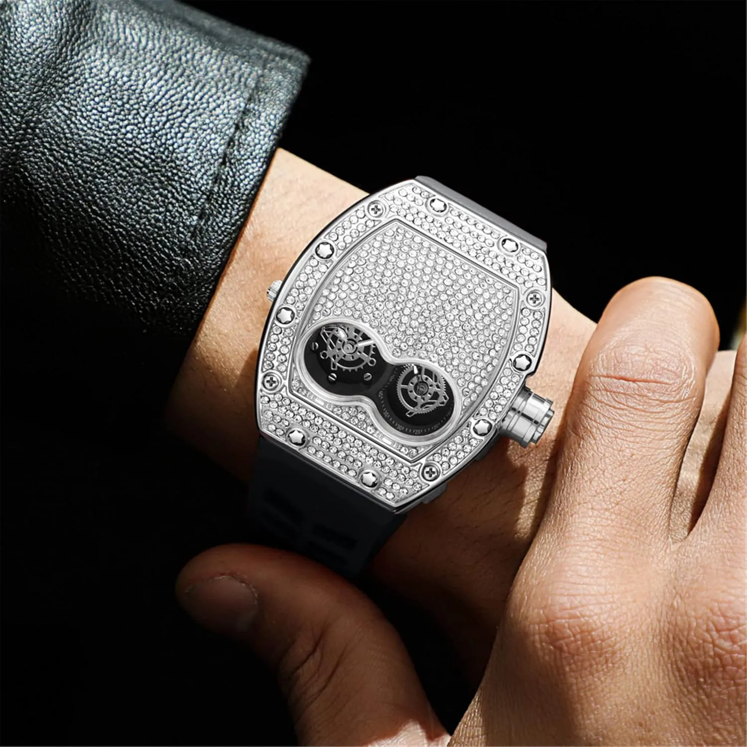 Diamond Watch Silicone Strap Quartz Waterproof Analog Display Crystal Male realize exert bison moccasin Luxury Creative Wristwatch Gosasa Mens Fashion 