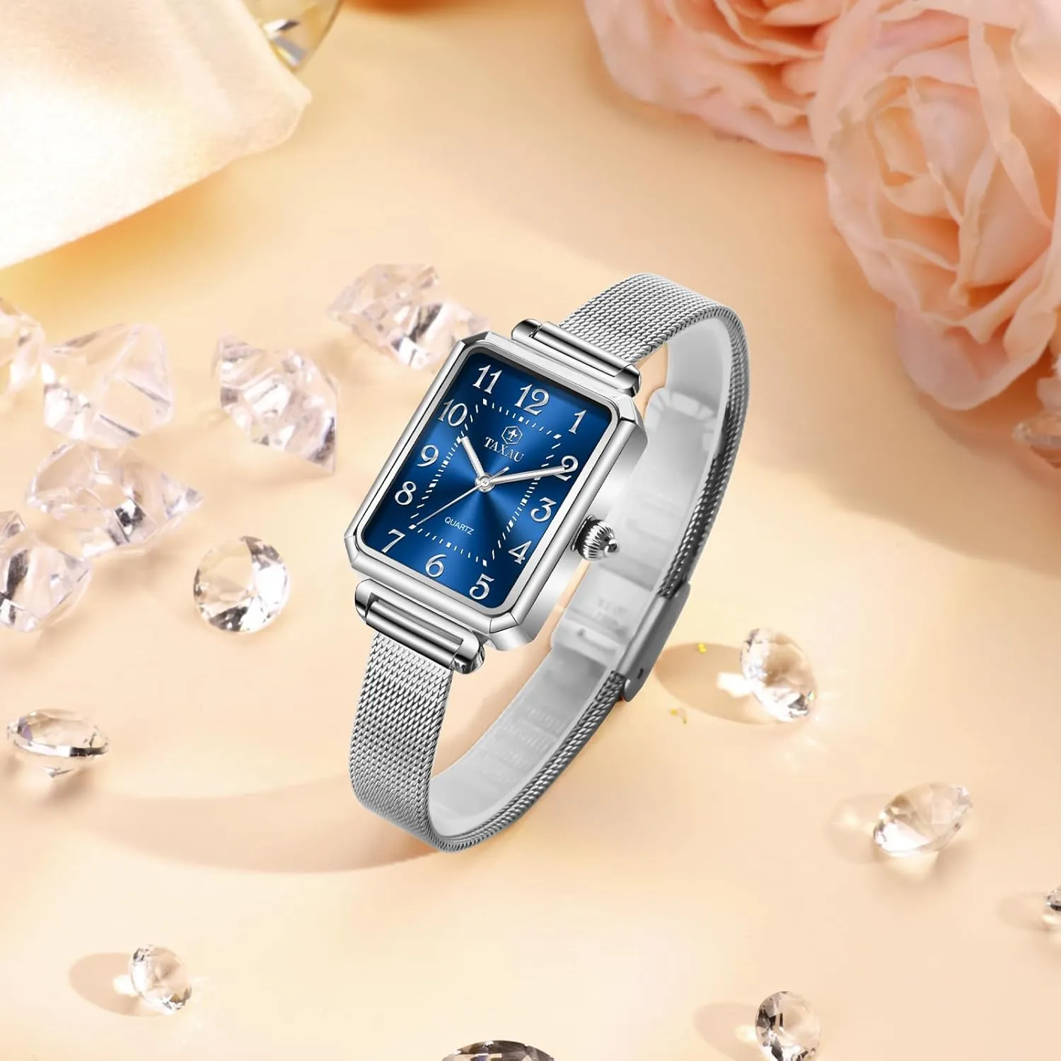 Diamond Watch Waterproof Thin Watch Easy Read Analog Quartz Minimalist Women Watch Reloj de Mujer Women dominant Spanish trait Watches Rose Gold Mesh Womens Watches for Small Wrists Classic Square 