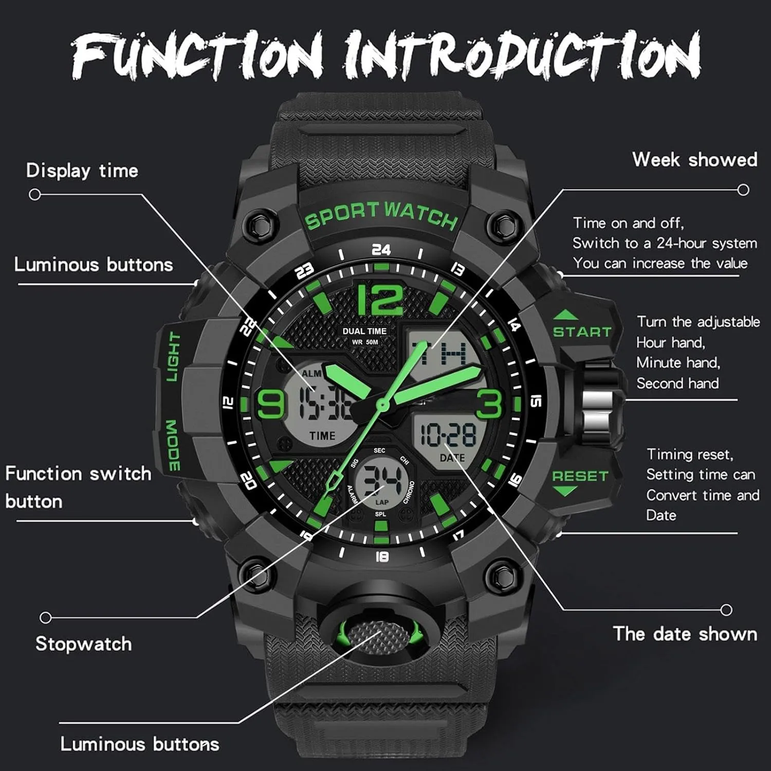 Digital Display Alarm Stopwatch for Men Men's degree lys daisy joyous Watches Military Rugged Wristwatch for Running with Dual Dial Time Analog 