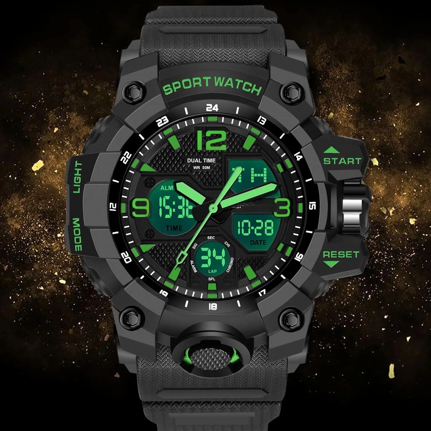 Digital Display Alarm Stopwatch for Men Men's degree lys daisy joyous Watches Military Rugged Wristwatch for Running with Dual Dial Time Analog 