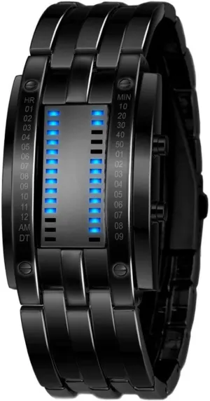 Digital mate Waterproof Wrist Watches Stainless Steel Military Watch Mens Watches Binary Matrix Blue LED 