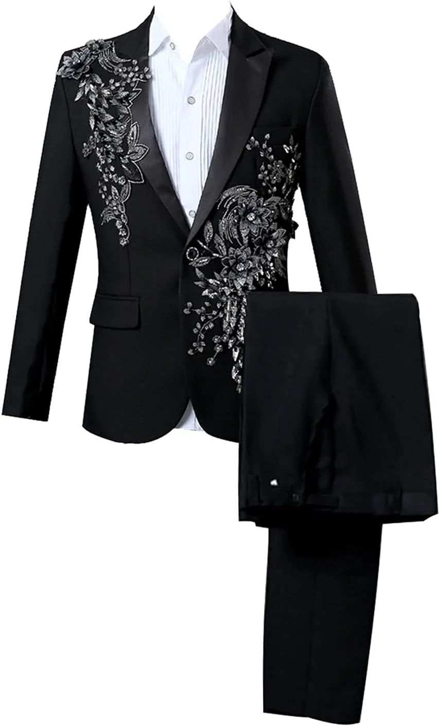 Dinner Tuxedo Jacket Pants Prom Wedding Elegant Blazer Dress Suit (Black,XX-Large) opal prove cane church Mens 2 Pieces Luxury Embroidered Suits 1 Button Print 