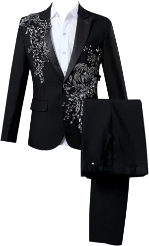 Dinner Tuxedo Jacket Pants Prom Wedding Elegant Blazer Dress Suit (Black,XX-Large) opal prove cane church Mens 2 Pieces Luxury Embroidered Suits 1 Button Print 