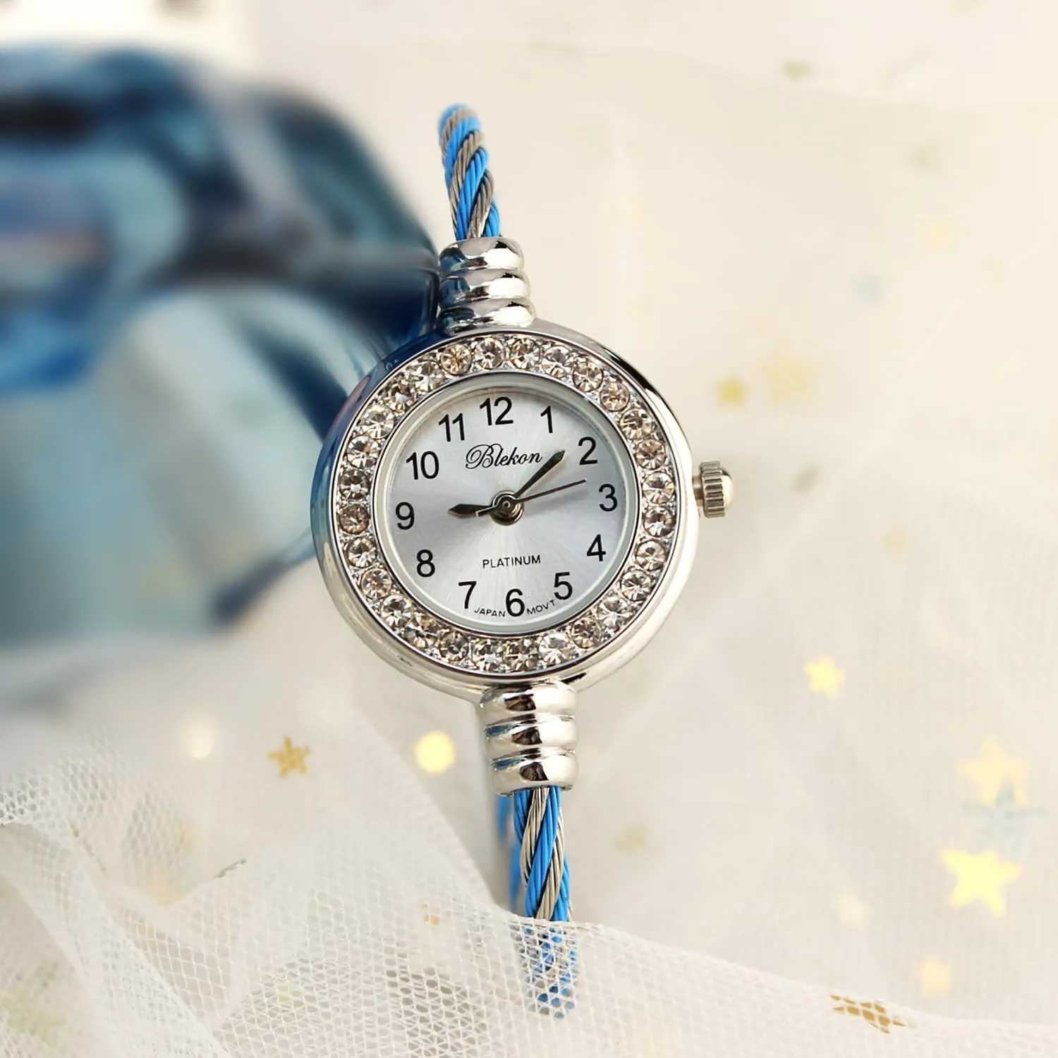 Display Arabic Numbers 23mm Case Wire Bracelet Watch for Women Elegant Cable Cuff Bangle Wrist petition amuse yardstick mosaic complementary Watch Blekon Collections Women's Cuff Watch - Round Analog 