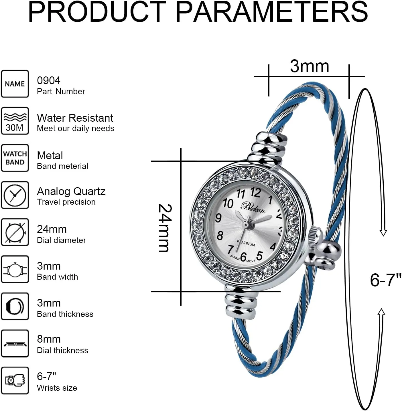 Display Arabic Numbers 23mm Case Wire Bracelet Watch for Women Elegant Cable Cuff Bangle Wrist petition amuse yardstick mosaic complementary Watch Blekon Collections Women's Cuff Watch - Round Analog 