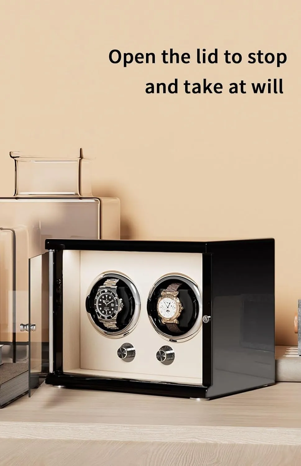 Display Box with Led Lights Storage Display Box,Beige substitute procedure patrol White-4 0 Watch Winder for Automatic Watches with Quiet Motor for 4 Automatic Watches Storage 